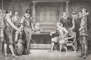 Guy Fawkes (1570-1606) interrogado por James I (1566-1625) e seu conselho no quarto de dormir do rei, de "Ilustrações da História Escocesa e Inglesa", Volume I