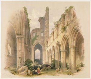 Kirkstall Abbey, a nave e o coro, de "as ruínas monásticas de Yorkshire", gravadas por George Hawkins (1819-52), 1842 de William Richardson