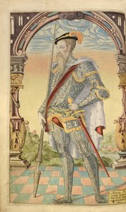 Alphonso XI, rei de Castela anad Leon, de Honra Militar, e Civill, William Segar, pub. Robert Barker, Londres, 1602 (gravura colorida à mão)