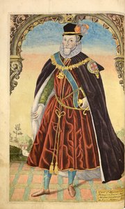 Charles Howard, primeiro conde de Nottingham, da honra militar, e Civill, William Segar, bar. Robert Barker, Londres, 1602 (gravura colorida à mão)