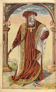 Imperador Maximillian I, de nHonor Military, e Civill, William Segar, pub. Robert Barker, Londres, 1602 (gravura colorida à mão)