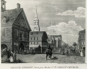 Second Street North from Market Street and Christ Church, Philadelphia, desenho de William Russell Birch (1755-1834), impresso por R Campbell, Estados Unidos da América