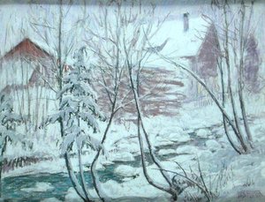Chalés na neve (pastel a bordo)