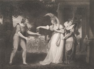 Antes do Palácio do Duque - Rosalind, Celia, Orlando, o Duque..., publicado pela primeira vez em 1800, reeditado em 1852. de William Satchwell Leney