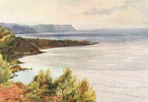 Vista de Santa Croce, em direção a Albenga, de manhã cedo (litografia a cores)