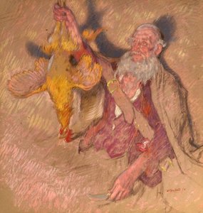 Estudo de um homem segurando um galo para Highland Raiders, 1918 (óleo sobre papel)