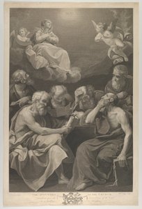 Os doutores da igreja consultando livros e documentos e contemplando a Virgem que..., 1785