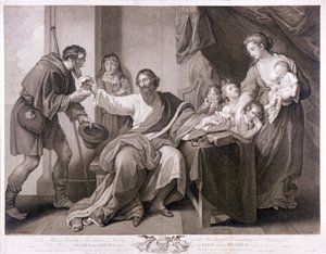 Alfredo, o Grande, dividindo seu pão com o peregrino, 1782 de William Sharpe