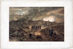 Guerra da Crimeia (1853-1856): episódio do cerco de Sebastopol (Ucrânia), tropas francesas entre as ruínas após a tomada de Malakoff em 8 de Setembro de 1855 - Litografia de William Simpson (18