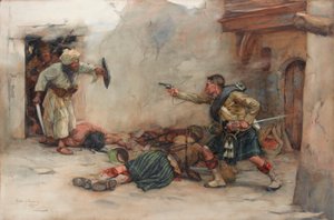 Baterista James Roddick do 92º Gordon Highlanders, defendendo o tenente Menzies durante combate corpo a corpo em Kandahar de William Skeoch Cumming