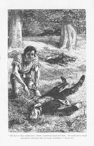 Adam Bede, tendo levado a melhor sobre Arthur Donnithorne numa luta, fica horrorizado ao ver o seu rival deitado inconsciente. Adam Bede, de George Eliot, publicado pela primeira vez em 1859. Ilustração de William Small (1843-1929), de uma edição publicada de William Small