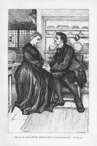 Depois das provações e tribulações da história, Adam Bede declara seu amor à Dinah Morris, a pregadora metodista. Adam Bede, de George Eliot, publicado pela primeira vez em 1859. Ilustração de William Small (1843-1929), de uma edição publicada em c1885. de William Small