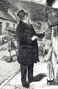 Desenho animado retratando um homem de chapéu alto ultrajado por um estorninho de estimação perturbando o Sábado, fazendo as crianças rir e gritar a sua linguagem de William Small