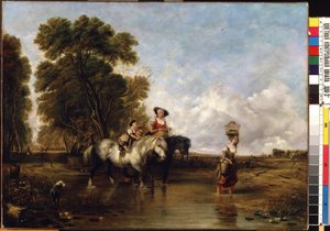 Cruzamento de Ford (Através de um vau). Pintura de William I Shayer (1788-1879). Óleo sobre tela, 94,5 x 127,5 cm. escola de inglês do século 19. Museu Estadual de Arte M.K. Ciurlionis, Kaunas (Lituânia).