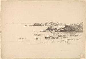 Praia rochosa com barcos distantes de William Stanley Haseltine