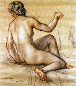 Estudo de uma mulher nua sentada por trás, c.1890 (carvão vegetal, giz vermelho e branco sobre papel)