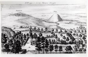 Vista da torre de Avebury de Silbury Hill, ilustração de "Stonehenge: um templo restaurado para os druidas britânicos" por William Stukeley, 1740 de William Stukeley