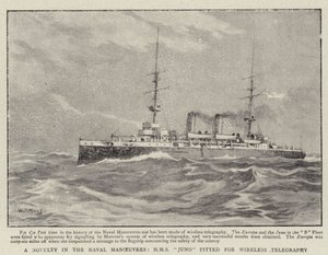 Uma novidade nas manobras navais, HMS Juno equipado para telegrafia sem fio de William T. Maud