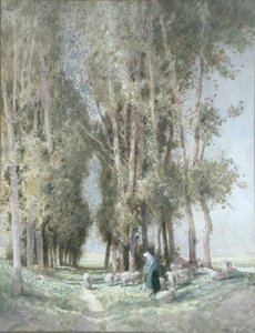 A Shepherdess and her Flock, Holland (aguarela sobre papel) de William Tatton Winter