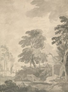 Paisagem, árvores e uma vista distante de Roma