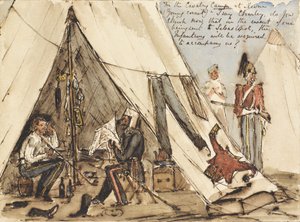 No Acampamento de Cavalaria em Devna (Young Cornet), digo Charley, você acha agora que no caso de sermos enviados a Sebastopol, a Infantaria será obrigada a nos acompanhar , c.1854 (caneta e tinta e wc