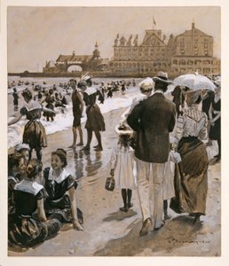 Cena da praia de Harpers Weekly, pub. 1900 (litografia colorida)