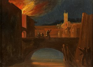 Bristol Motins: The Burning of Bridewell, com a Igreja de St Michael, Bridewell Bridge, c.1831 (óleo sobre papel)