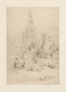 Downtown Manhattan do East River, com o Woolworth Building de William Walcot