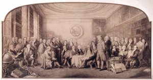 Os homens eminentes da ciência em 1807-1808. Encontro na biblioteca do Royal Institute of Sciences, Inglaterra. Gravura de William Walker e Sir John Gilbert (1817 - 1897) - Eminent Men of Science Living in 1807 - Eminent Men of Science