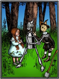 O Feiticeiro de Oz: desenho de Denslow, William Wallace (1856-1919) para a primeira edição em 1900 do livro de Frank Baum (1856-1919) - Dorothee (Dorothy) assistida pelo espantalho, ajudou o lenhador de folha-de-flandres -