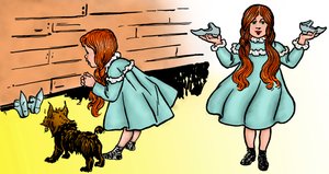 The Wizard of Oz - O Feiticeiro de Oz: Edição de duas imagens de Denslow, William Wallace (1856-1915) feitas para a primeira edição de 1900 do livro de Frank Baum (1856-1919) - Dorothee (Dorothy), acompanhada pelo seu cão Toto, recupera o sapato mágico de  de William Wallace Denslow