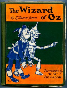 The Wizard of Oz - O Feiticeiro de Oz: capa de uma edição antiga (entre 1905 e 1920) ilustrada por Denslow, William Wallace (1856-1915) do livro de Frank Baum (1856-1919) - o espantalho e o lenhador em lata - coleção particular - de William Wallace Denslow