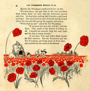 O Feiticeiro Maravilhoso de Oz - capítulo VIII: o mortal campo de papoilas - O Feiticeiro de Oz: capítulo 8 - uma página ilustrada por Denslow, William Wallace (1856-1915) da primeira edição de 1900 do livro de Frank Baum (1856-1919) - Dorothee (Dorothy) e