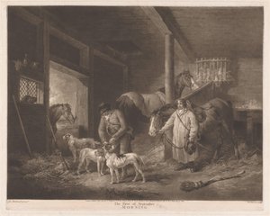 Caçadores no estábulo preparando seus animais O Primeiro de Setembro, Manhã (título no objeto) de William Ward