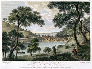Copperworks perto de Holywell, Flintshire, País de Gales, propriedade da Mona Company, 1792