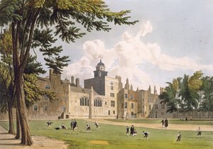 Casa da Carta do Play ground, de "History of Charter House", parte da "História dos Colégios" de Ackermann, gravada por W. Bennett, publicada em 1816 (aquatint)