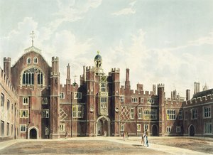 Vista, de, a, quadrângulo, em, hampton, corte, palácio, de, Pyne&39;s, &39;Royal, Residences&39;, gravado, por, thomas, Sutherland, (bc1785), publicado, em, 1819 de William Westall