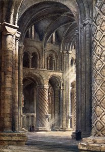 Durham, Interior da Catedral, olhando através da nave para o Transepto Sul (lito colorido)
