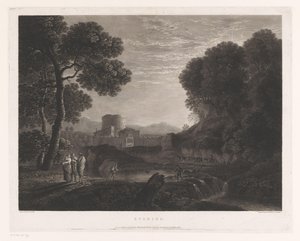 Paisagem com portão e torre na margem de um rio Noite (título no objeto) de William Woollett