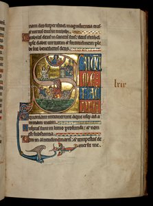 Ms 322 f.67r, Salmo 68, S inicial, Jonas orando a Cristo em sua saída da baleia e de Jonas lançada para a baleia, ilustração do &39;De Braile Psalter&39;, c.1250
