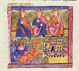 828 f.189r Concílio do Acre e o Cerco de Damasco, Segunda Cruzada, da "Histoire d&39;Outre-Mer", escrito por Guilherme de Tiro, Acre, c.1280
