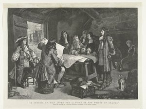 William III detém o conselho de guerra na cabana de um pescador, 1688 Um conselho de guerra após o desembarque do Príncipe de Orange (título no objeto) de Williamson