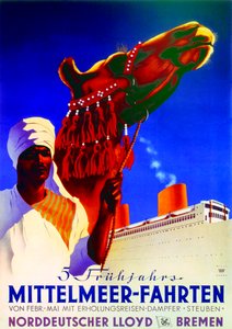 "5 Spring Mediterranean Cruises", cartaz publicitário da Bremen North German Lloyd Line de Willy Hanke