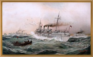 Marinha Imperial Griffin, Meteor e Jagd spähen bei Brüsterort, cromo-litógrafo de Willy Stöwer 1894, nr9 de G. Wislicenus, Unsre Kriegsflotte.