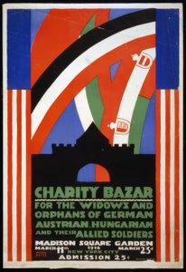 Cartaz de um bazar de beneficência para viúvas e órfãos de soldados alemães, austríacos, húngaros e confederados no Madison Square Garden, Nova Iorque