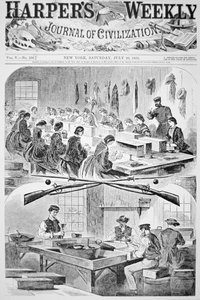 Homens & Mulheres enchendo cartuchos no arsenal em Watertown, Massachusetts, do Harper