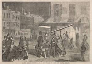 Cena da rua da noite de Boston, no canto da corte e nas ruas de Brattle, 1857. de Winslow Homer