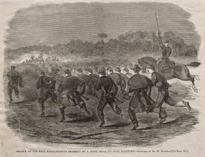 Carga do primeiro regimento de Massachusetts em um poço de fuzil rebelde perto de Yorktown, 1862. de Winslow Homer