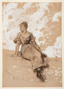 Desenho, Uma rapariga sentada; estudo para "O muro do jardim", 1878 de Winslow Homer