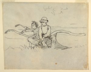 Desenho, Rapaz e rapariga sentados numa charrua, 1879 de Winslow Homer